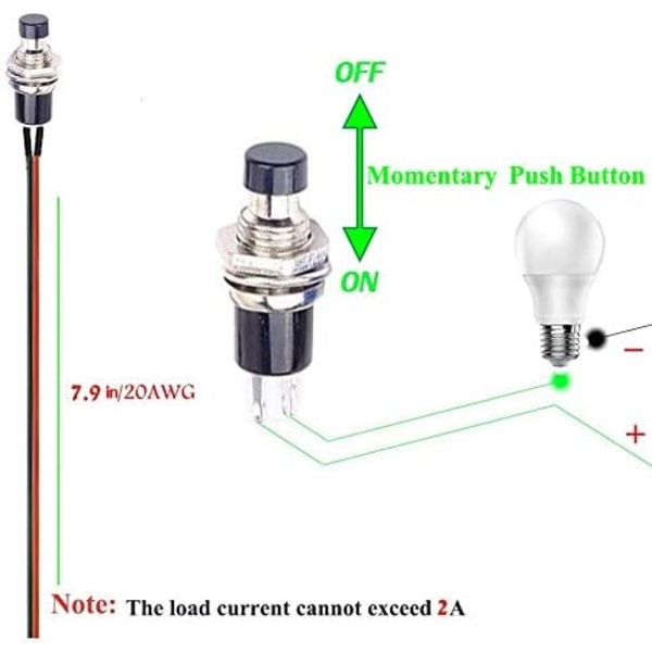 Momentan tryckknappsbrytare, miniknappsbrytare med förlödda 20AWG-trådar, SPST 2-stifts PÅ/AV tryckknappshornsbrytare för bil, PC, bordslampa (10 st