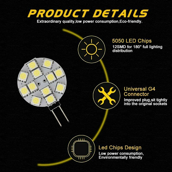 10x G4 LED-pære DC 12V Ikke-dimbar Hvit 6000K Lyspære Erstatning 20W Halogenlampe for Kjøkken Bobil RV Tilhenger Båt