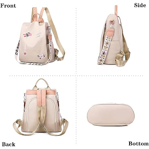Blommig broderad axelväska (Khaki), flickors stöldskyddad reseryggsäck, lätt fashion daypack skolsäker vattentät dammode, handväska flickor