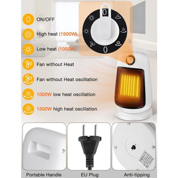 1500W elektrisk sidevarme - 90° oscillation, overophedningsbeskyttelse