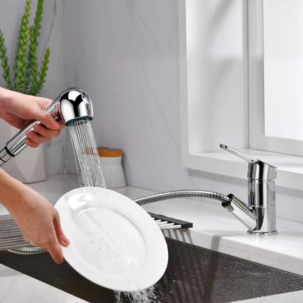 Pull-out kitchen faucet, kitchen faucet with spray, low spout sink mixer, 360° rotatable kitchen sink faucet, chrome, silver