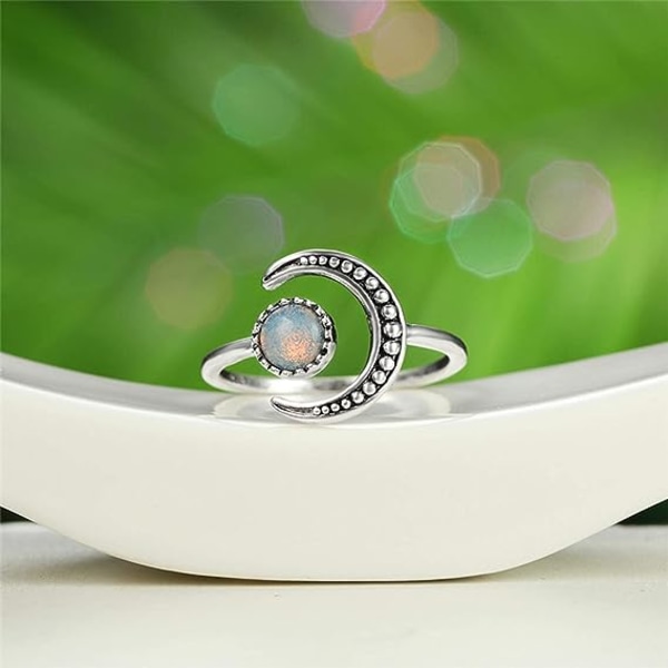 Månsten Justerbar Öppen Ring för Kvinnor Silverfärg Vintage Cubic Zirconia Förlovningsring för Kvinnor