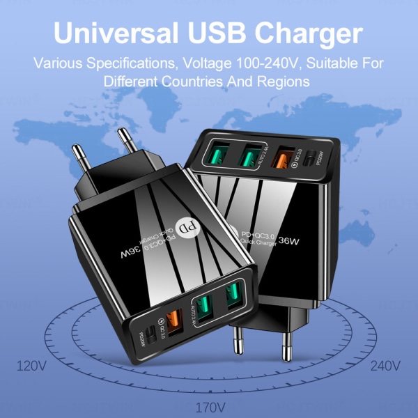 Standard 36W PD20W+2.4A 3USB 4A Europeisk standard mobiltelefonladdare Multiport laddningshuvudadapter