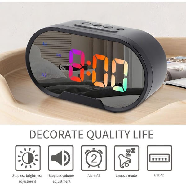 LED Digital Väckarklocka, 5,5 tum Stor Display, Spegelyta, Elektriska Väckarklockor för Smink med Dimningsläge, Justerbar Alarmvolym, Dubbel USB