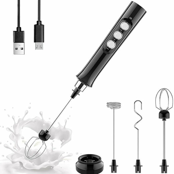 Elektrisk melkeskummer Håndholdt, 3 i 1 USB oppladbar visp, 3 justerbare hastigheter med 3 vispehoder i rustfritt stål, elektrisk visp, cappuccino,