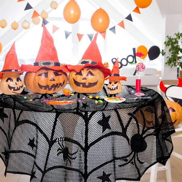 Halloween-dekorasjoner, Halloween rund blonde duk, rektangulær blonde duk edderkoppnett skummel flaggermus skjerf skorstein edderkopp lampeskjerm med 36 stk