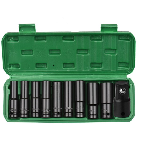 Tredelt 1/2 tommes sekskantede kraftpiper, 10 deler, dype piper, metriske størrelser fra 10 til 22 mm og 3/8 tommes adapter, CR-V materiale med rekkevidde