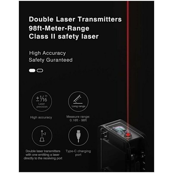 30ft laser afstandsmåler (73x33.2mm), mini digital laser bærbar, præcision ± 2mm, bluetooth, OLED display, mål længden