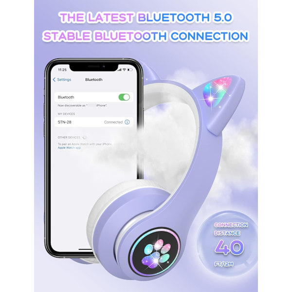 Bluetooth-lasten kuulokkeet HD-mikrofonilla/LED-valoilla (violetti), 85 dB:n äänenvoimakkuudella rajoitetut lasten kuulokkeet, stereokuulokkeet lapsille älypuhelimeen, i