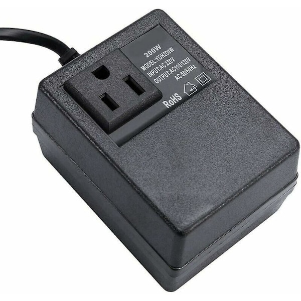 220V til 110V transformer, 200W, med europæisk stik, til reduceret spænding.