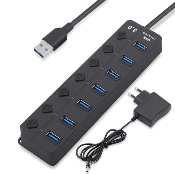 Drevet USB-hub, aluminium USB-hub 3.0 til 7-porters USB 3.0 strømforsyning med 5V/2A ekstern strømforsyning multiport USB-hub, 5Gbps, individuelle brytere