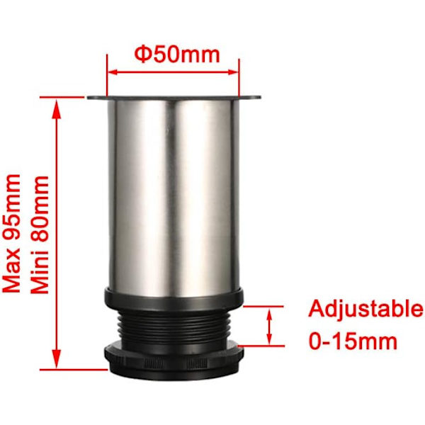 4 säädettävää jalkaa 80 mm korkeus Paksut kaapin jalat Pöydän jalat Huonekalujen jalat, Harjattu ruostumaton teräs, Säädettävä korkeus 0-15 mm Mukana