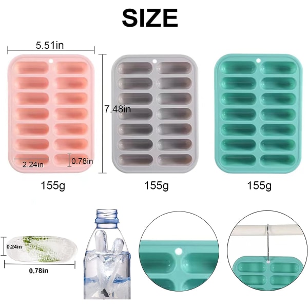 3x Grå Silikon Isbitbrett, Isbitform med Lokk, Pølse- og Pølseform, Tåler Oppvaskmaskin og Stekeovn, Passer til Vannflasker