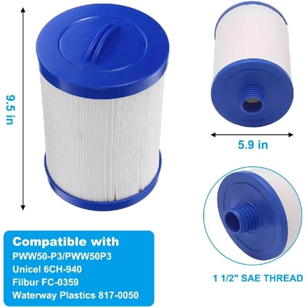 2-pack Spafilter, Pool Spafilter Ersättning, 1 1/2\" Grov Gänga, Kompatibel med PWW50P3, Unicel 6CH-940, Filbur FC-0359, Waterway Plastics 817-