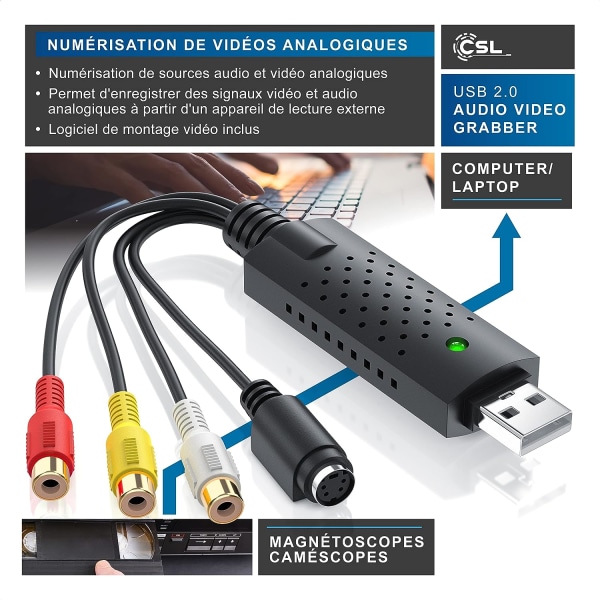Inspelningsbox för ljud- och videokonvertering, USB 2.0-ljud- och videokort, VHS-inspelare, ny version, ny programvara, kompatibel med Windows 11 10, videoadapter