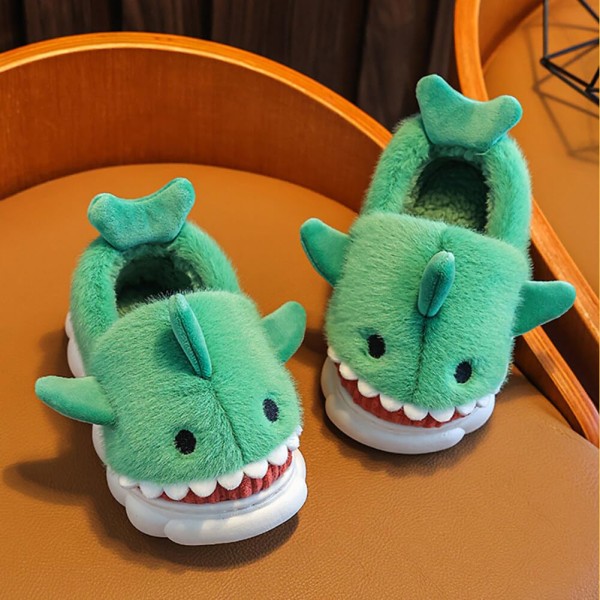 Toddlers and children slippers, cute animal cartoon shoes, plush warm slippers, non-slip warm winter home shoes, green