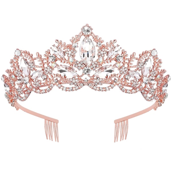 Rosa guld tiara och krona för kvinnor Crystal Queen Crown med kam strass pannband Flickor Bröllopshåraccessoarer