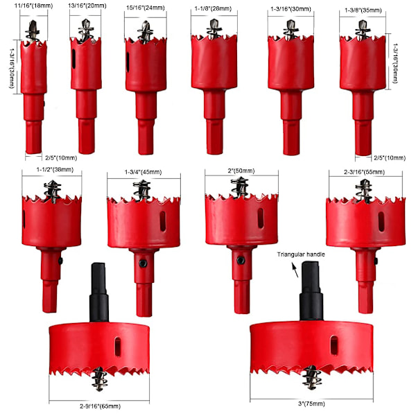 12 kpl Suuria Bi-Metal-Reikäsahoja Paneeleille, Muoville, Putkille, Puulle, Kuitulevylle, Pehmeälle Metallille 18-75mm