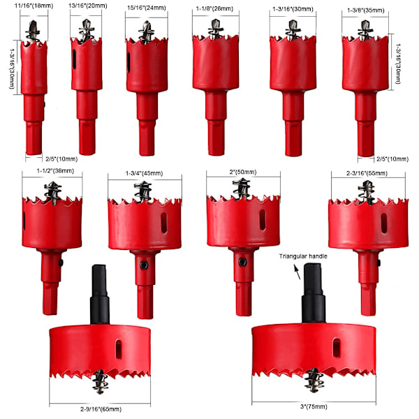 12 stk. Store Hulsave af Bi-Metal til Boring af Paneler, Plastik, Rør, Træ, Fiberplader, Blødt Metal 18-75mm