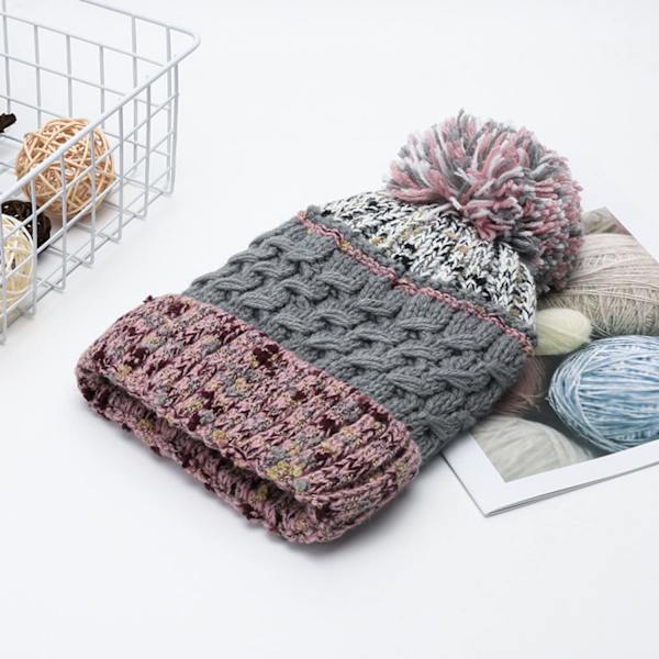 Dam vintermössa, Pom Beanie, Vintermössa, Dam lös mössa, Varm stickad stretchmössa, Ljusgrå