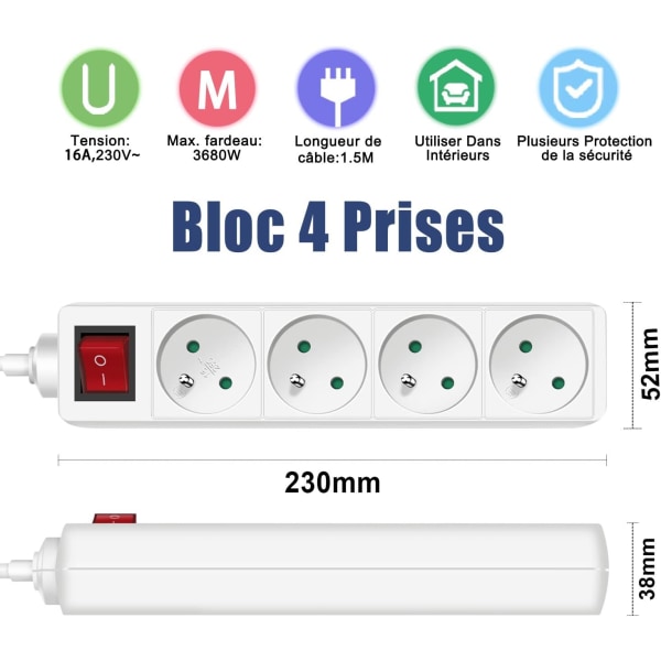 4 Socket Power Strip with Flat Plug Switch, 4 Socket Block, 1.5m 230 V Extension with Child Safety