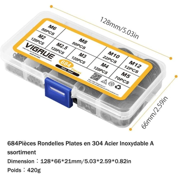 684 stk flate skiver i 304 rustfritt stål sortiment, M2 M2.5 M3 M4 M5 M6 M8 M10 M12 flate skiver for tettingsskruer tetningsringer - Leveres med eske (B
