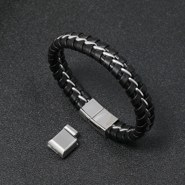 Fashion chain braided silver chain magnetic buckle adjustable in size from 20.5CM to 22.5CM, stainless steel leather bracelet