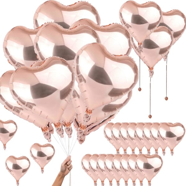 50 stycken roséguld hjärtballonger, hjärtformade ballonger, hjärtformade heliumballonger, 18 tum hjärtballong, uppblåsbar folie ballong, för födelsedag,