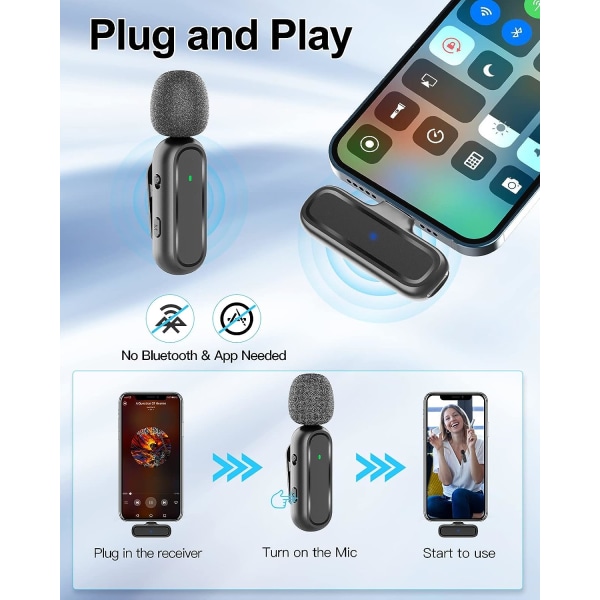 Langaton Lavalier-mikrofoni iPhone iPadille, kaksoislangallinen langaton mikrofoni kohinanvaimennuksella YouTubeen/Vlogiin/Haastatteluun/Facebook Liveen/Videotallenteeseen