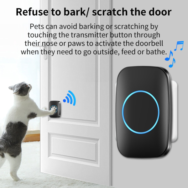 Home Wireless Touch Dørklokke Smart LED Flash Pet Hunde Dørklokke Vandtæt Caller Flash Ding Dong Doorbell (sort)