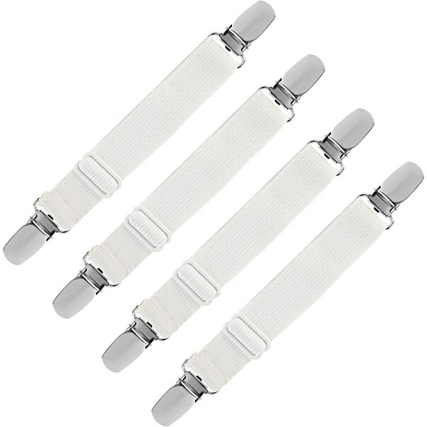 Elastic Fitted Sheet Stretcher, Adjustable Retainer Strap Fastener for Bed Sheet, Sofa, Ironing Cover (White, Pack of 4)