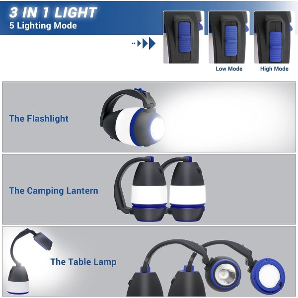 Blå - 1 st, 3 i 1 LED campinglampa, ficklampa och bordslampa, 5 mån
