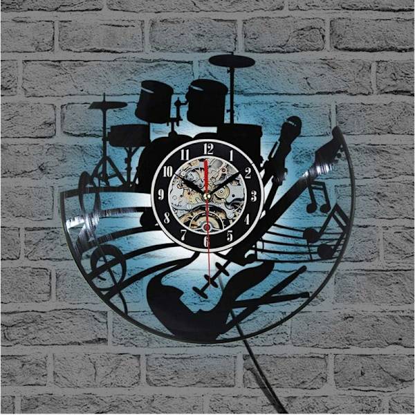 Musikgitarr Vinyl Record Väggklocka Modern Design Kreativ Väggkonst Vardagsrum Sovrum Dekoration Klocka med 12 Tums LED