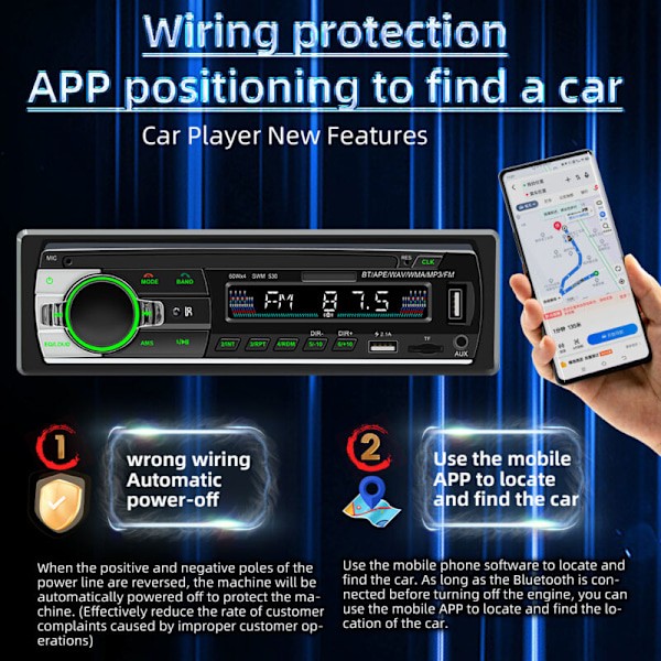 Bluetooth-autostereot, 1 DIN -autoradion vastaanotin MP3 WMA FM -soittimella, kaukosäätimellä, kahdella USB-portilla, handsfree-stereoilla 4 x 60 W, tukee iOS:ää ja Androidia (ei