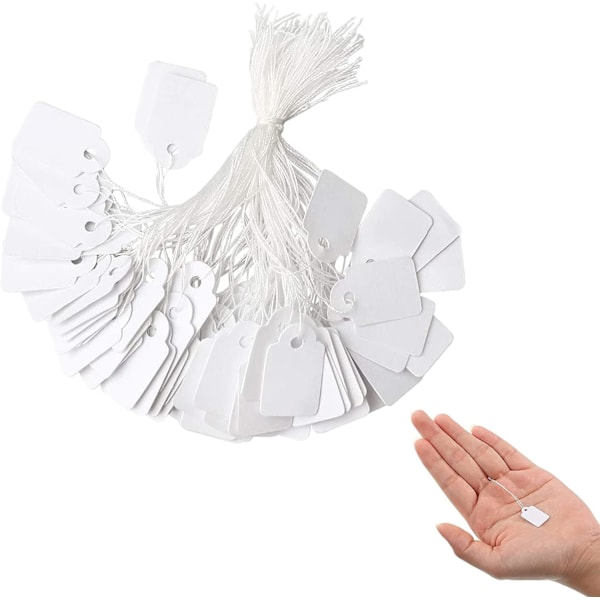 500-pack prislappar i papper, vita märkningsetiketter med snöre, displayetiketter för kläder, smycken, presenter 23x13mm