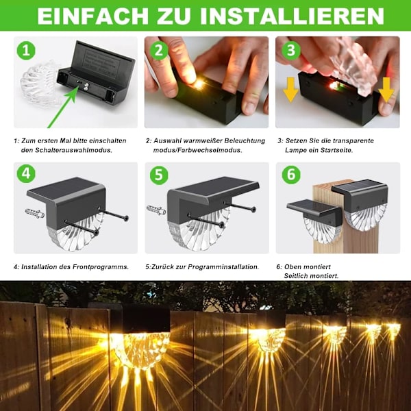 Solcellsbelysning för utomhusbruk, LED-vägglampa för utomhusbruk, 8-pack varmt vitt + RGB-färg, solcellslampor för staket, staket, terrass