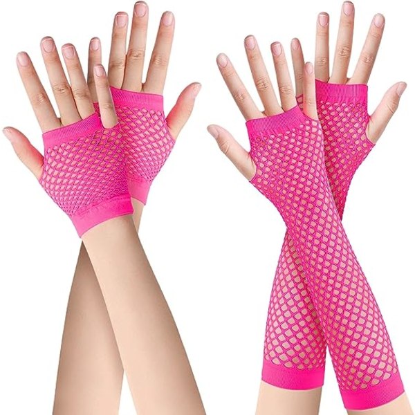 2 par lange og korte fiskenet handsker (rose) Fingerless fiskenet handsker Mesh handsker 80'er fiskenet handsker Handsker til 80'er fancy dress acce