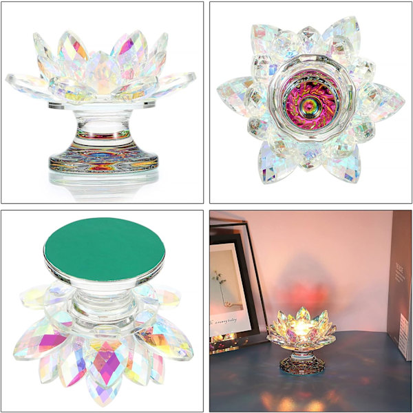 Fargerik krystall lotusblomst telysholder - Regnbuefarget glass telysholder lysestake