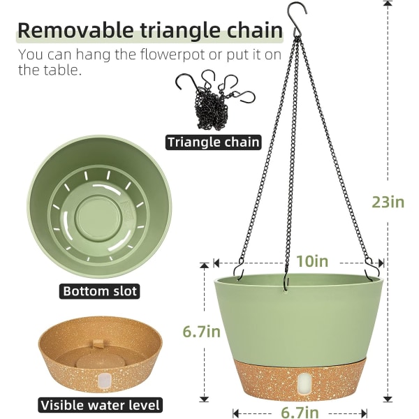 Set med 2 (grønne) hengende plantepotter, 25,4 cm diameter for innendørs og utendørs, hengende blomsterpotte med dreneringshull og 3 kroker for hage og hjem