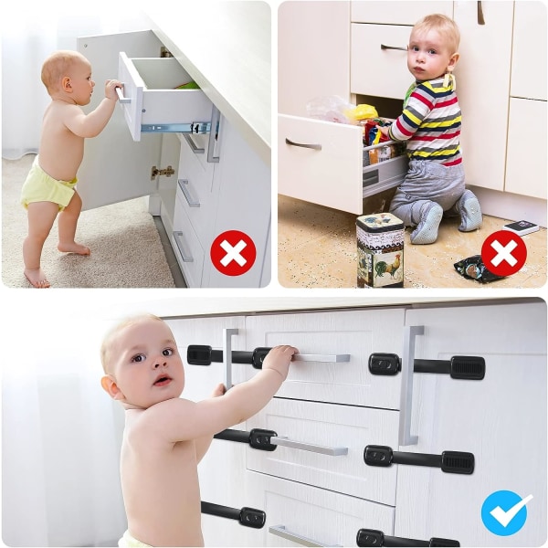 Lapsilukot, 5 kpl lapsiturvalliset kaappilukot 3M-liimalla, lapsiturvalliset lukot kaapeille, laatikoille, jääkaapille, WC:lle ilman porausta (musta)