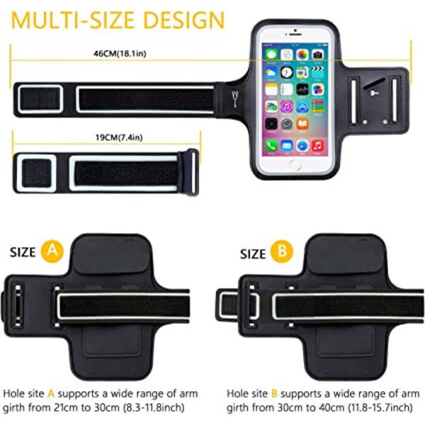 Sportsarmbånd, Universal Running Armband for iPhone 13/13 Pro/12/12 Pro/11/11 Pro/XR/X/8/7 Up to 6.1\" Justerbar forlengelsesrem Eco-Friendly Lycra