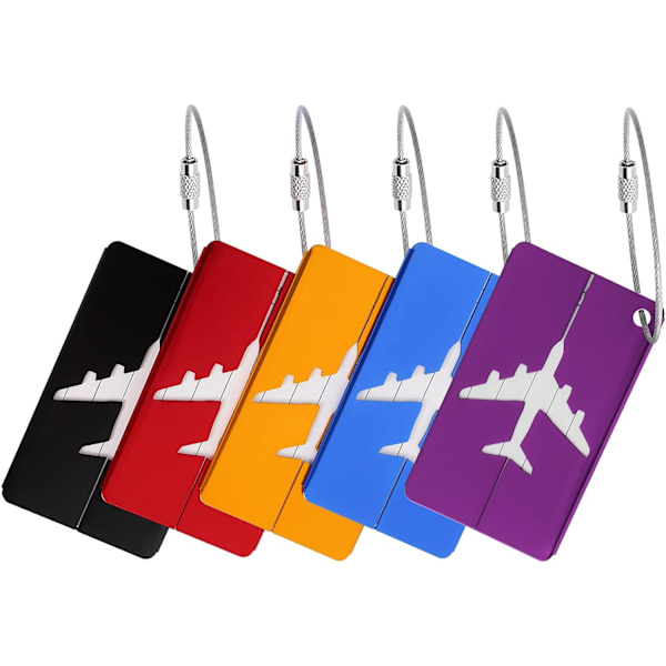 Set med 5 aluminium bagageetiketter, flygplansresväsktag med vattentät PVC-kort i rostfritt stål, metallbagageetiketthållare för resväska, bagage, ryggsäckar, resor (5 färger)