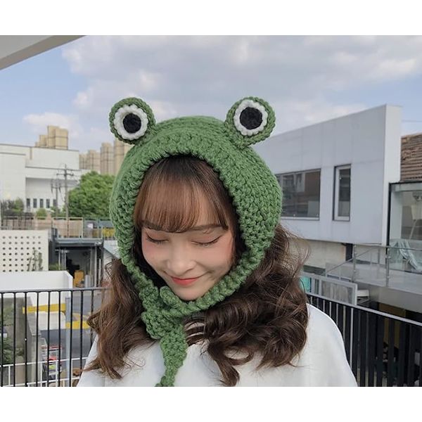 Hattu Nauha 3D Silmät Eläin Pääpanta - Vihreä Villa Neulo Frog Hat Teini-Ikäisille Lapsille Aikuisille - Pysy Lämpimänä Ja Söpönä