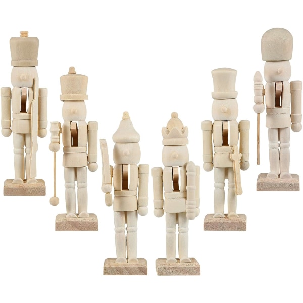 6 Pack DIY Trä Jul Nötknäppare 12cm Trädocka för Barn Hantverksset med Pigment, Mönsterborste, Slumpmässigt Mönster för Juldockor, Festiva