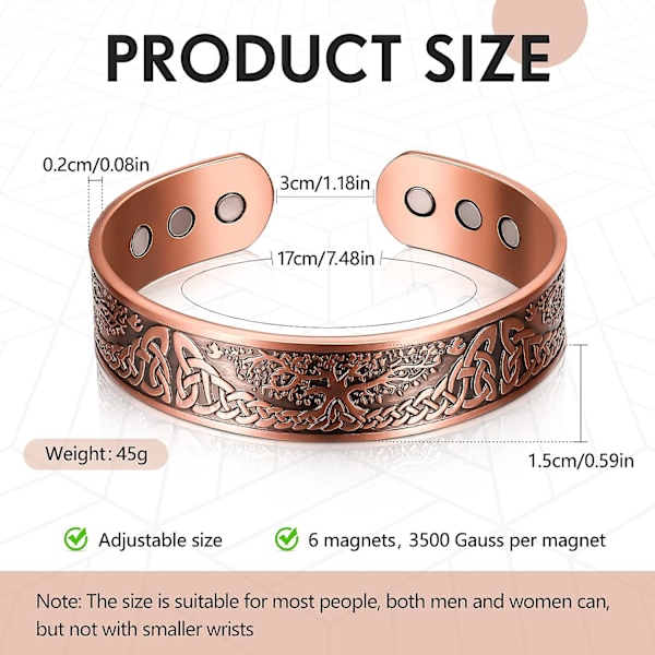 Kobber magnetisk armbånd for menn og kvinner Kobber armbånd Solid mansjettarmbånd med 6 magneter Rød kobber magnet energi armbånd, justerbar størrelse med fløyel