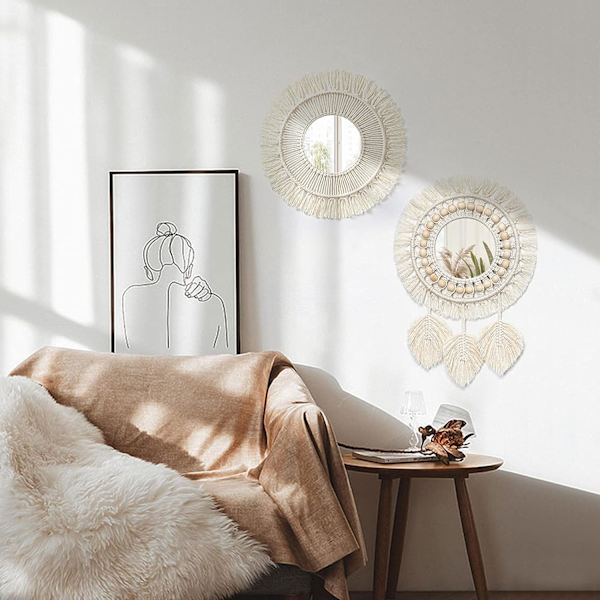 2 st hängande väggspegel med fransar set runda boho antika vävda speglar konstdekor för lägenhet vardagsrum sovrum barnrum