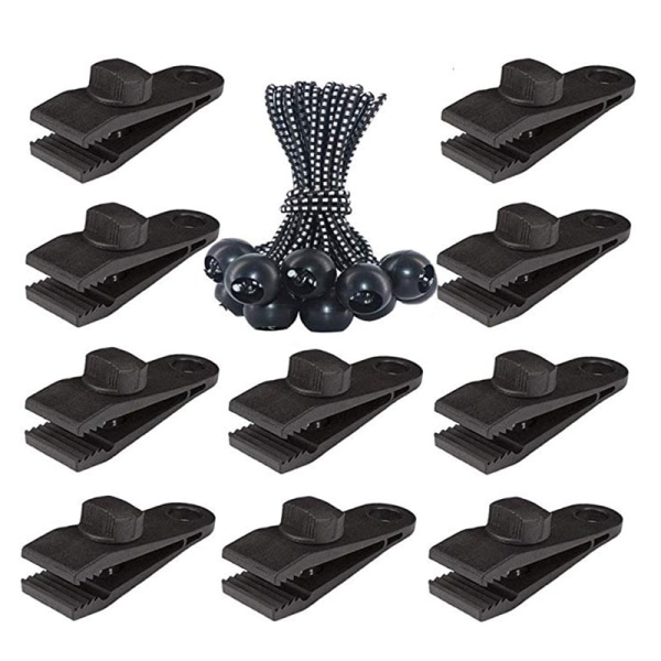 10 tent clips including 10 tent clips and 10 elastic cord tensioners for eyelet clips for tents, pool covers, tarps, awnings, gazebos and other camp