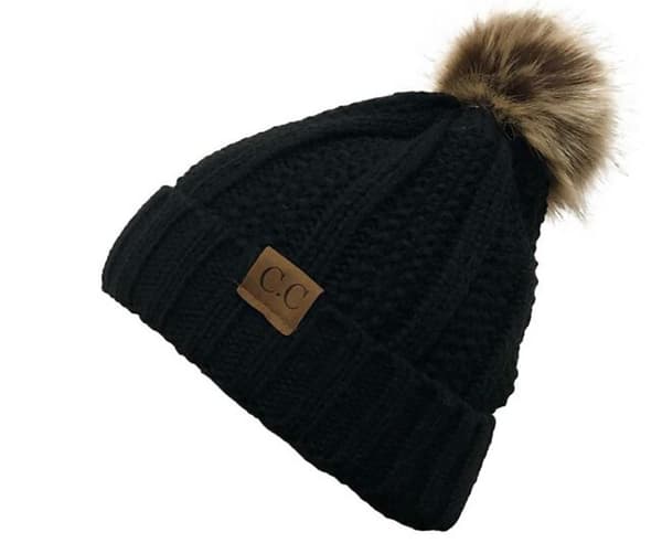 Dame Vinter Ribstrik Beanie Crossover Cap Chunky Cable Knit Pom Pom Blød Isoleret Hat (Sort)