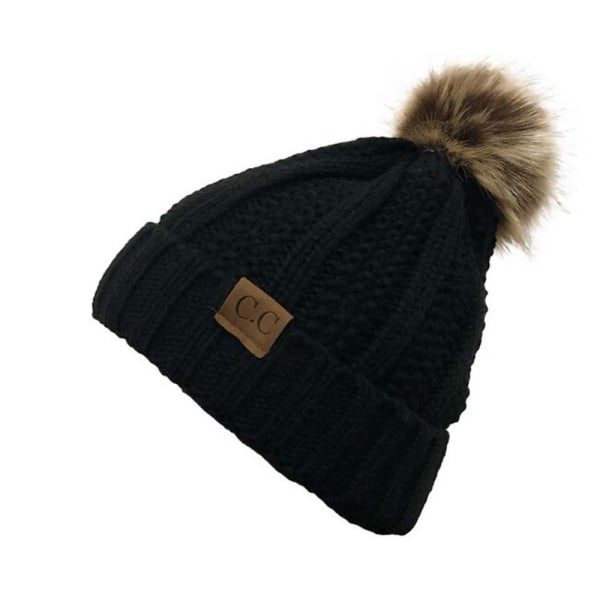 Women's Winter Ribbed Beanie Crossover Cap Chunky Cable Knit Pom Pom Soft Insulated Hat (Black)