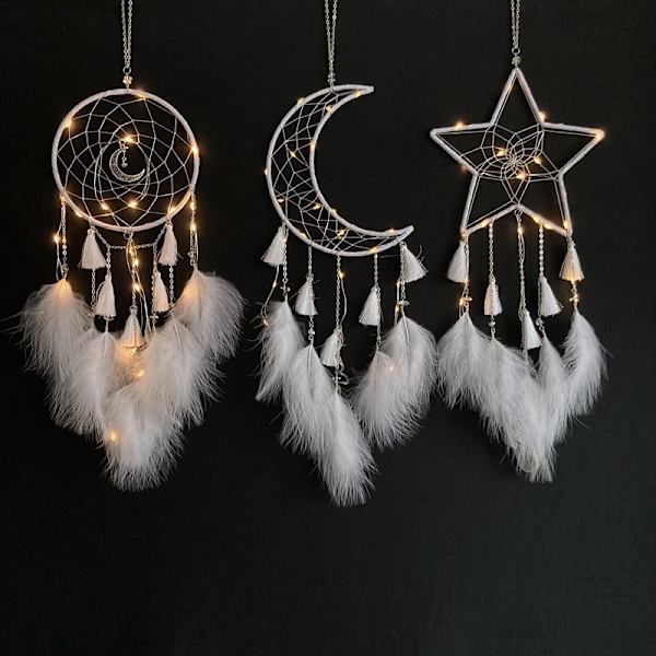Blå fjer - 3 stk. Halloween drømmefanger sol måne stjerne design traditionelt håndlavet design til vægophæng boligindretning (sort)